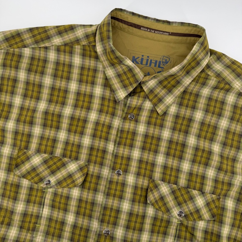KUHL Mens‎ 2X Short Sleeve Button Up Shirt XXLarge Green Brown Plaid Pearl Snap